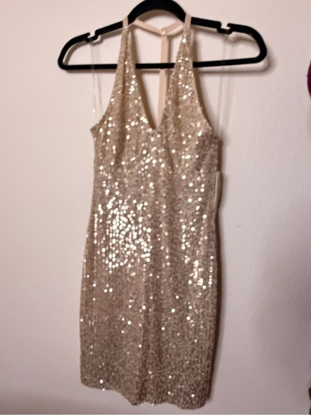 Sequin Halter Sheath Dress in Champagne